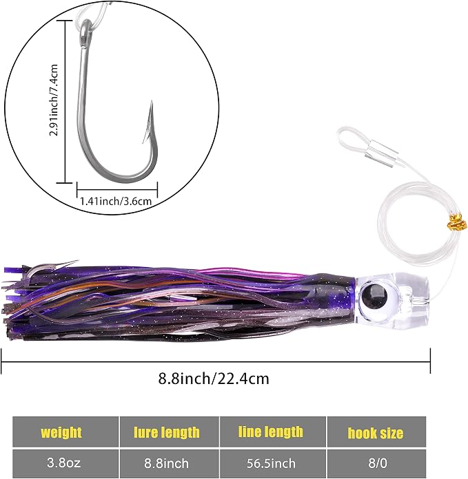 Trolling Lures Saltwater for Tuna Mahi Marlin Wahoo Dolphin Shark Offshore Trolling Baits with Squid Skirt Big Game Fishing Lures Deep Sea Squid Skirts Rig 6/9 inch