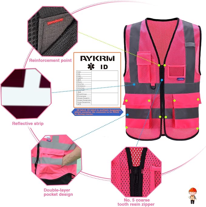 A-SAFETY High Visibility Mesh Safety Reflective Vest with Pockets and Zipper,Hi Viz Work Vest for Men Women (Pink Mesh XL)