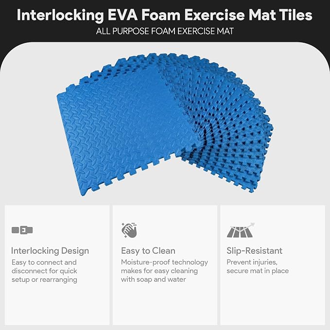 BalanceFrom Puzzle Exercise Mat 3/4" Thick, EVA Interlocking Foam Floor Tiles for Home Gym, Mat for Home Workout Equipment, Floor Padding for Kids, Blue, 24 in x 24 in x 3/4 in, 96 Sq Ft - 24 Tiles