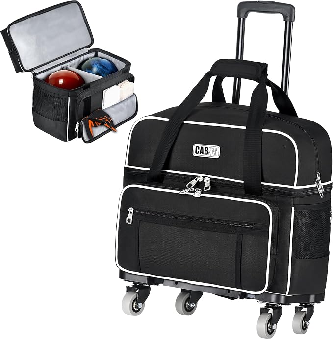 CAB55 2 Ball Bowling Bag with 4 Wheels, Double Bowling Ball Bag with Separate Shoe Compartment, (Up To US Men Size 16), and Multiple Multifunctional Accessory Pockets