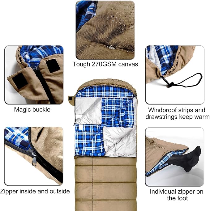 0 Degree Canvas Sleeping Bag for Adults, Cotton Flannel Sleeping Bag for Winter Camping, Fishing, Hunting or Traveling, Durable Cotton Canvas Shell and Removable Flannel Liner