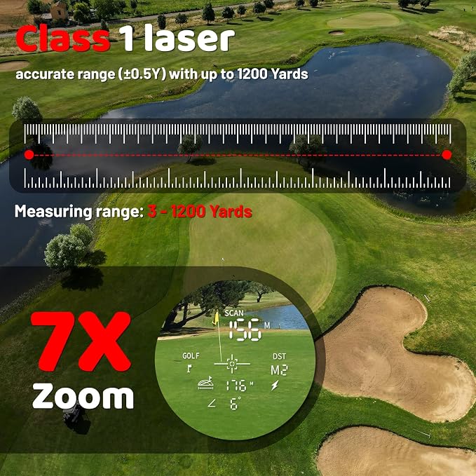 Golf Rangefinder with Slope - 1200 Yards Range Finder for Golfing/Hunting, 7X Magnification, Flag Pole Locking Vibration, Rechargeable Range Finders with Magnet Stripe, Best Golf Accessories Gift