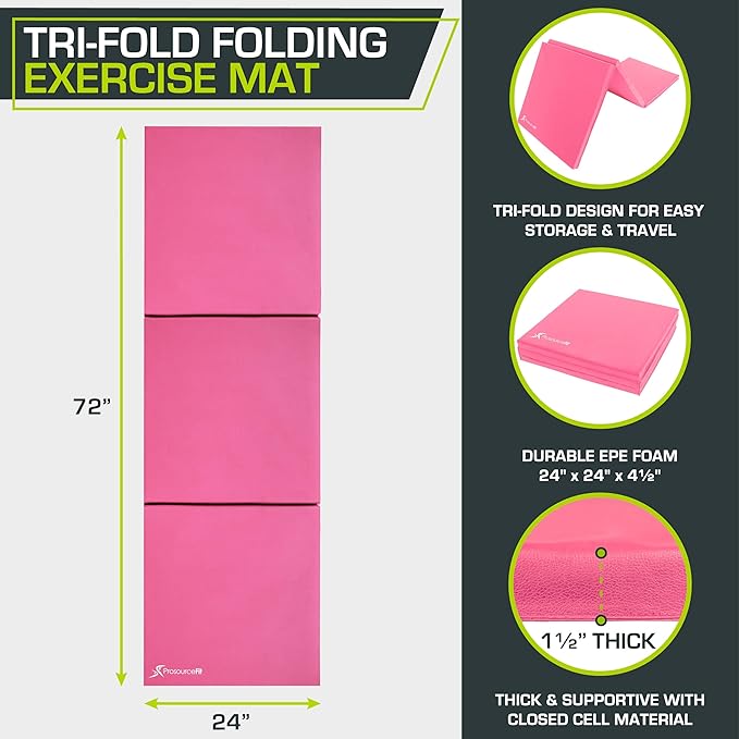 ProsourceFit Tri-Fold Folding Thick Exercise Mat 6’x2’ with Carrying Handles for MMA, Gymnastics, Stretching, Core Workouts