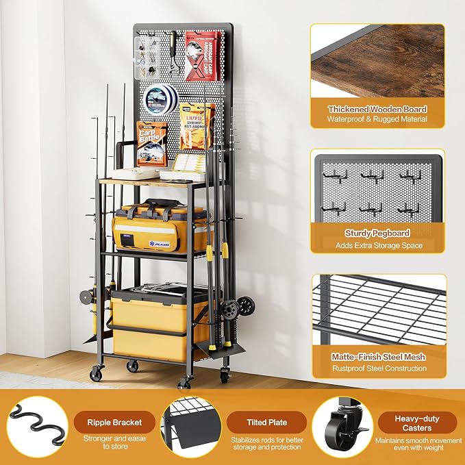 Olakee Fishing Rod Holders, Rolling Fishing Rod Rack for Garage & Boat, Tackle Box & Reel Holder Cart, Easy Assembly Fishing Gear Management System, Ideal Birthday Gift for Men Dad Anglers