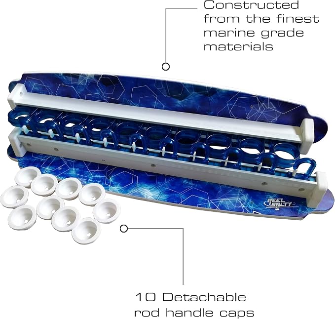 Rush Creek Creations Reel Salty Waterproof Offshore/Inshore Fishing Rod Holder for 10 Saltwater Fishing Poles + Fishing Gear & Fishing Accessories Perfect for Garage Organization & Wall Storage