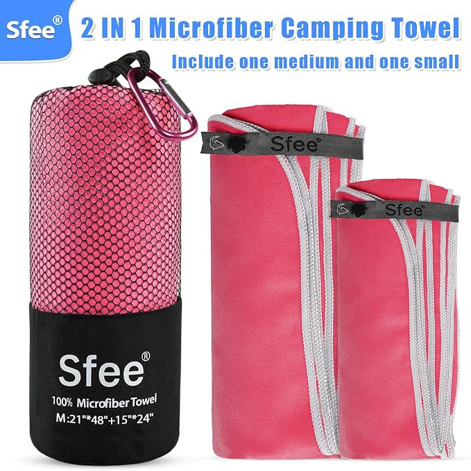 Sfee 2 Pack Microfiber Travel Towel, Quick Dry Towel Camping Towel Super Absorbent Compact Lightweight Sports Swim Gym Beach Towels Set for Gym, Hiking, Pool, Backpacking, Bath, Yoga
