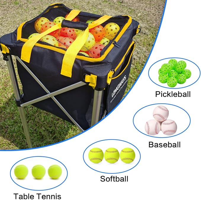 Pickleball Tennis Hopper–Foldable Cart Holds 180 Tennis/160 Pickleballs | Large Capacity |Lightweight with Wheels | Removable Bag| Side Pocket | Multi-Sport Use