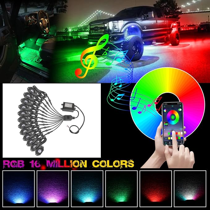OFFROADTOWN 12 pods LED Rock Lights RGB Multicolor Neon Trail Rig Lights Underglow Wheel Well Light with Bluetooth App Control for Truck Pickup Tundra Dodge GMC UTV ATV