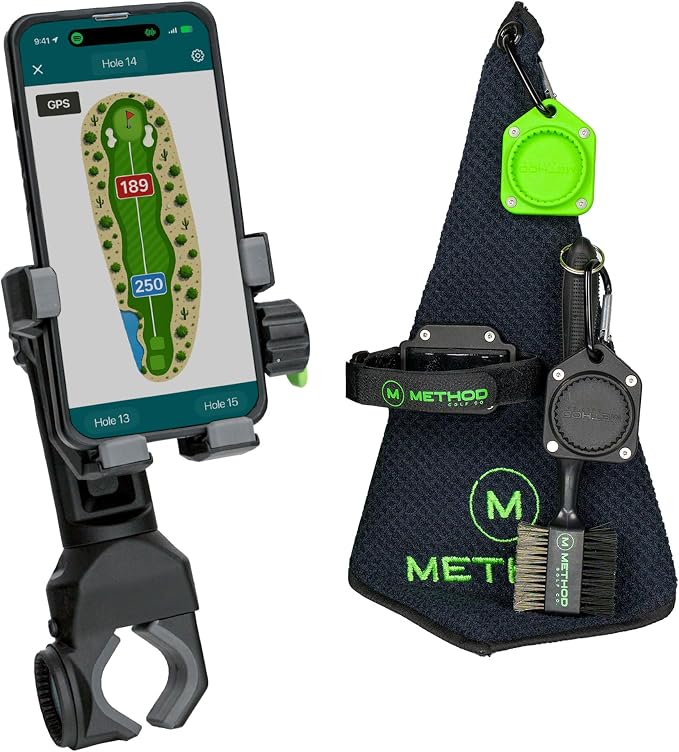 Method Golf PushStack Pro Pack- Magnetic Phone Holder for Golf Push Cart Plus Rangefinder Magnetic Strap, MagStack Microfiber Towel and Club Brush with MagStack Tile- Universal Fit for Most Phones