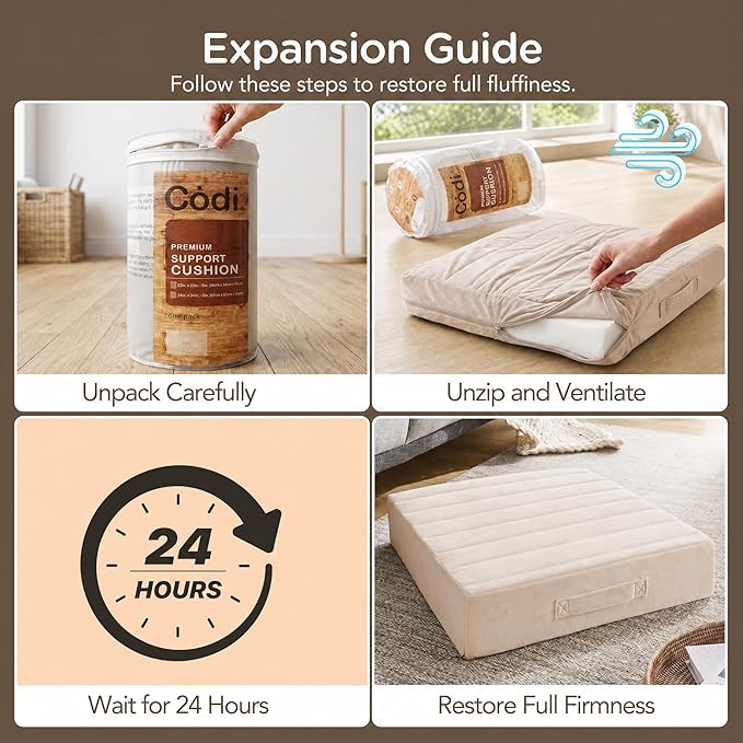 Codi Thick Replacement Couch Cushions 2 Sets, Upholstery Foam with Washable Covers for Sofa Cushion Chair Meditation - 24 × 24 × 5 Inch, High Density Foam, Ivory