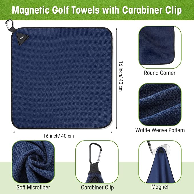 Batiyeer Magnetic Golf Towel Bulk 16" x 16" Microfiber Fabric Towels with Clip Waffle Absorbent Strength Magnet Golf Accessories Ball Cleaner for Carts Men