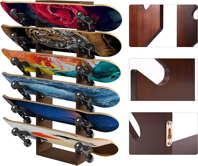 Skateboard Rack Wall Mount 6-Tier Wooden Skateboard Storage Rack Holder Skateboard Stand Display Organizer Skateboard Hanger for Longboard, Deck, Standard Skateboards