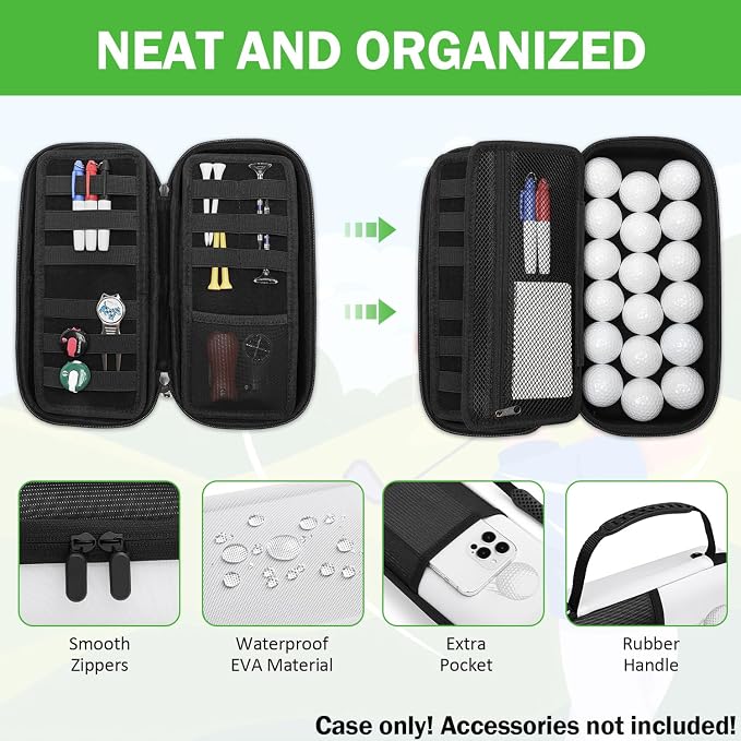 Golf Glove Holder Case with Glove Shaper - Protective Hard Shell Golf Accessories Case Bag with 2 Dividers Fits Balls, Tees, Markers - Ideal Gift
