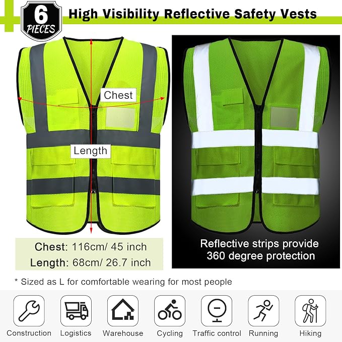 JaGely 6 Pack Reflective Safety Vests with Pockets, High Visibility Mesh Construction Vest for Men Women, Neon Yellow, Size L