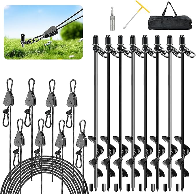 Tinnmao 8-Pack 17.7" Tent Stakes Heavy Duty, with 8" Ratchet Tie Down Straps (1/8" φ) Kit for High Wind, 8mm Solid Steel Spiral Ground Anchors Screw in for Tarp | Canopy | Sand Beach Camping Tent