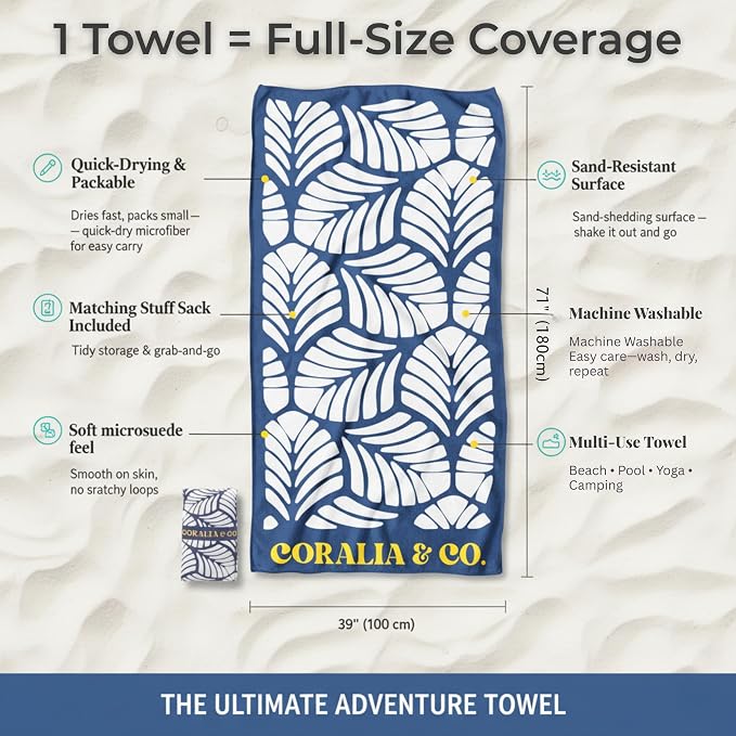 Coralia & Co. Large Microfiber Beach Towel - Quick Dry, Sand-Free, Lightweight with Convenient Storage Pouch - Twilight