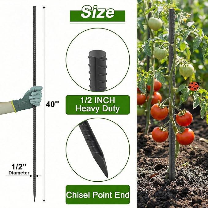 AAGUT Rebar Stakes 40 Inch 20 Pcs, Heavy Duty 1/2" Landscpe Timber Spikes Concrete Forming Stakes Straight Metal Garden Plant Stakes Anti Rust Black Coating