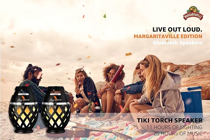 Margaritaville Tiki Torch - Waterproof Bluetooth Speaker, Portable Party Speaker with Flickering LED Lights, Perfect for Travel, Parties, Yards, and Pools (2 Pack)
