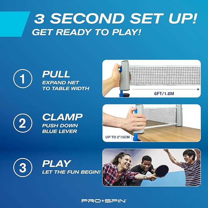 PRO-SPIN Portable Ping Pong Set with Retractable Ping Pong Net for Any Table, All-in-One Table Tennis Set with Ping Pong Paddles, Balls & Case, Table Top Family Game