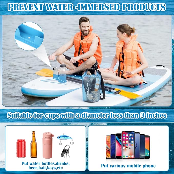 Thinkday 3 Pcs Paddle Board Accessories Include 5L Waterproof Dry Bag for Women Men 2-in-1 Paddleboard Cup Holder Waterproof Phone Case Roll Top Lightweight Storage Bag for SUP Kayak Boat (Blue)