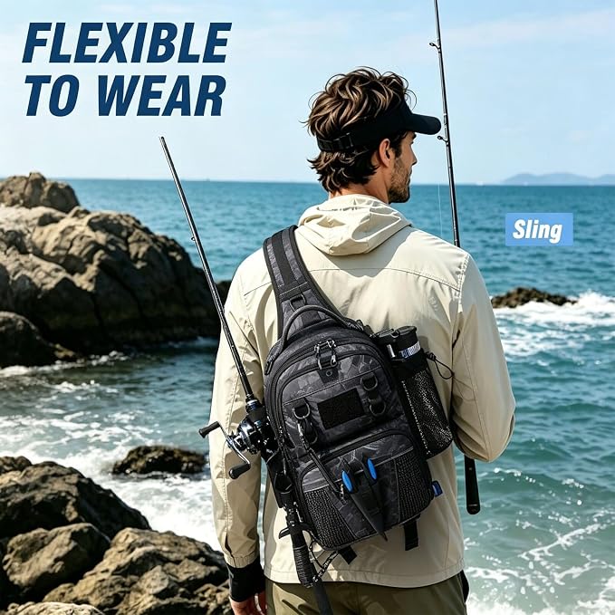 Fishing Bag with Tackle Boxes, Lightweight Fishing Sling Pack,Convertible Tackle Bag with Rod & Beverage Holder, Fishing Gear with Lures, Pliers, Lip Gripper, Fish Gifts for Men, Black Camo