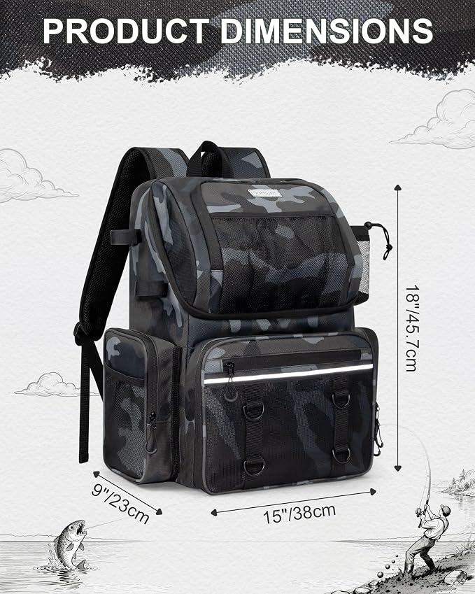 Fishing Backpack, Large Water Resistant Tackle Bag Storage Fishing Gear and Equipment, Built-in Cooler Compartment Khaki
