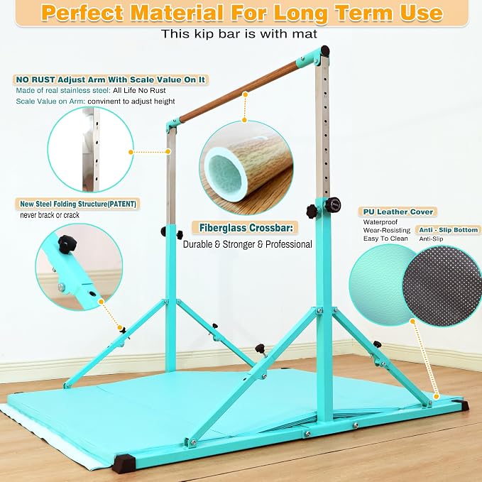 MARFULA 4FT/5FT Gymnastic Bar Set Gymnastics Kip Bar with 5 Ft Length 4Ft Inner Width 5ft Adjust Height Gymnastics Training Bar Equipment for Kids Professional Training Home and Club Use
