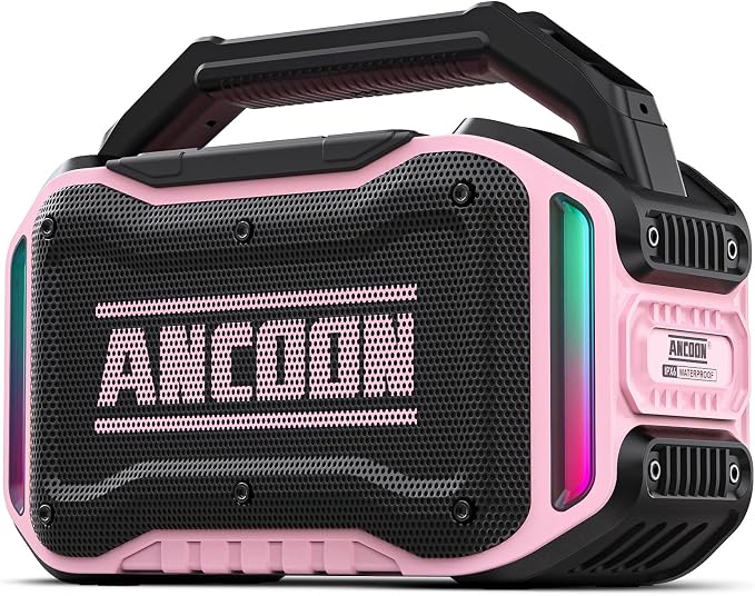 ANCOON Speakers Bluetooth Wireless: 80W(Peak) Loud Speaker with Bass, 20H Playtime, IPX6 Waterproof, Large Jobsite Speakers for Work, Outdoor, Workshop, Garage, Portable Speaker with TWS (Pink)
