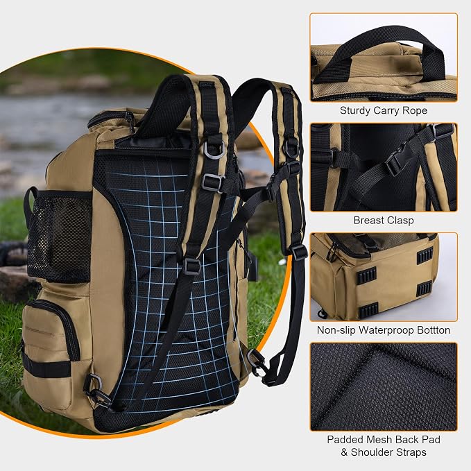 Goture 40L Fishing Tackle Backpack with Cooler Compartment Khaki, Water-Resistant Fishing Gear Bag & Rain Cover & 3600 Trays