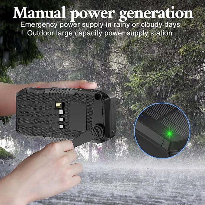 Solar Power Bank 66800mAh Built in Hand Crank and 4 Cables 22.5W Fast Charge, Camping Essentials with SOS/Strobe/Strong Flashlights, Compass Portable Charger (Black)