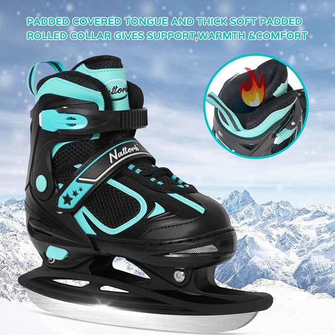 MammyGol Adjustable Ice Skates for Kids Youth Tean Hockey Lace-Up Boys or Girls Ice Skate for Beginner Age 4-12 Blue Black Teal Green