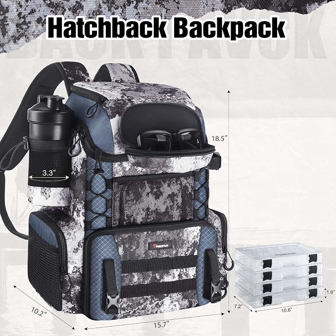 Piscifun Fishing Tackle Backpack with Rod Holders & 4 Tackle Boxes, 42L Outdoor Fishing Bag with Waterproof Rain Cover