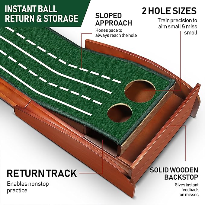 Golf Putting Mat fot Indoor, Wood Putting Green Indoor & Outdoor Training Equipment with Ball Return 8ft Practice Putting Mat, Wrinkle-Free Natural Rubber Mat, Golf Accessories for Men