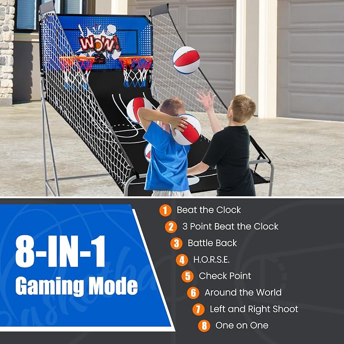 Giantex Dual Shot Electronic Basketball Arcade Game with 8 Game Modes, 2 Hoops, 4 Balls, Air Pump, LCD Scoreboard for Adults and Kids