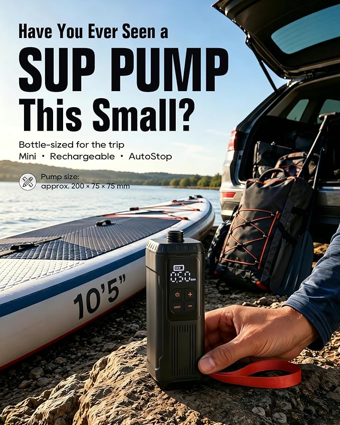Mini Paddle Board Pump, Portable SUP Air Pump with Battery, Lightweight Electric Inflator 12 PSI Auto Shut-Off, USB-C Rechargeable for Paddle Boards, Kayak, Pool Floats