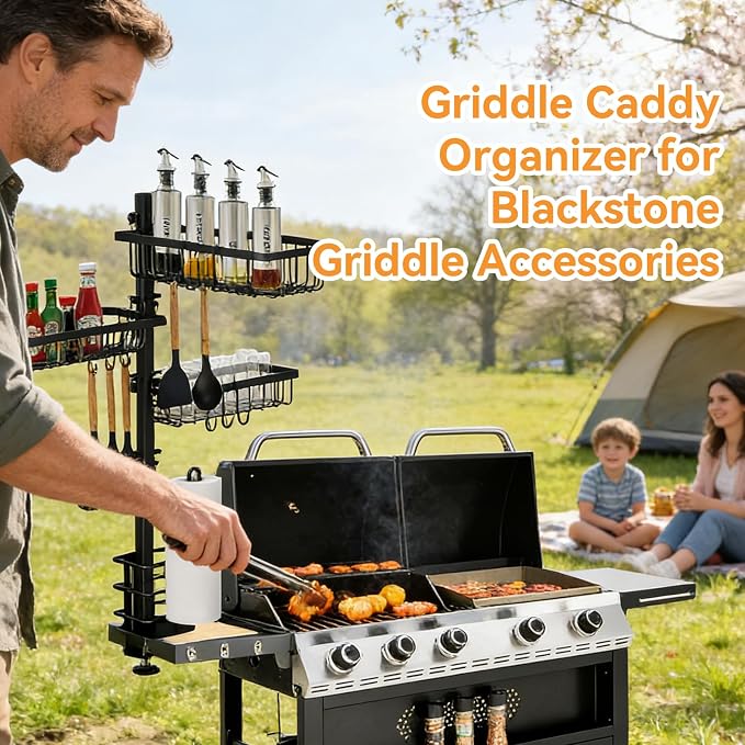 Griddle Caddy for Blackstone Griddle Accessories, Grill Caddy for Outdoor Grill, Blackstone Caddy BBQ Organizer with Paper Towel Holder, Condiment Caddy & Hooks for Camping Picnic