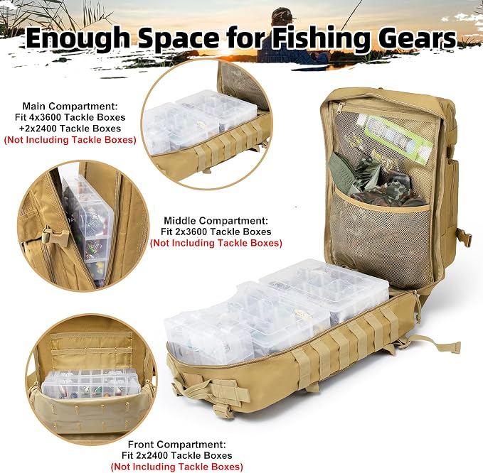 TBNBO 45l Large Fishing Tackle Backpack with Removable Plier Holder & Rod Holders, Khaki Tactical Bag, Fishing Gear and Tackle Box Organizer, Hiking Rucksack without Tackle Box