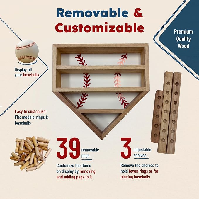 Baseball Championship Ring Display Case – Fully Customizable Baseball Ring Holder with 39 Removable Pegs & 3 Shelves – Gifts for Kids – Designed in the U.S.
