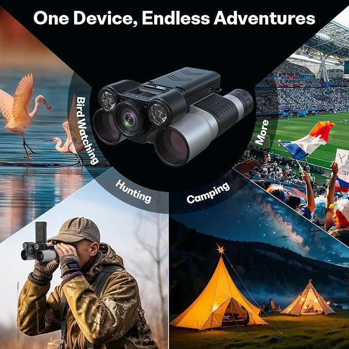 Binoculars with Camera and Night Vision - 12x42 Digital Binoculars with 2.4" IPS Screen, 7 IR Modes for 200-300m in Darkness, for Adults Bird Watching, Hiking, Camping - Includes 32GB Card (Black)
