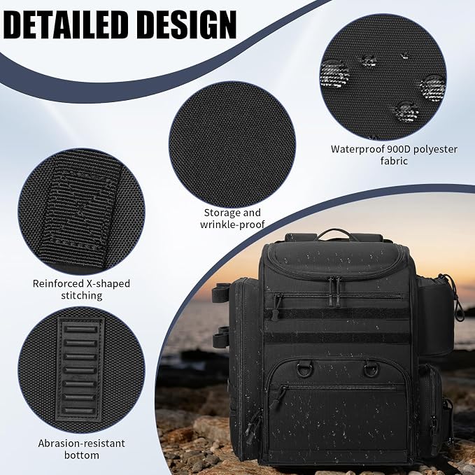 Fishing Backpack with 2 Rod Holders Tackle Box, 41/25L Water-resistant Fishing Tackle Bag Storage Fishing Gear and Equipment