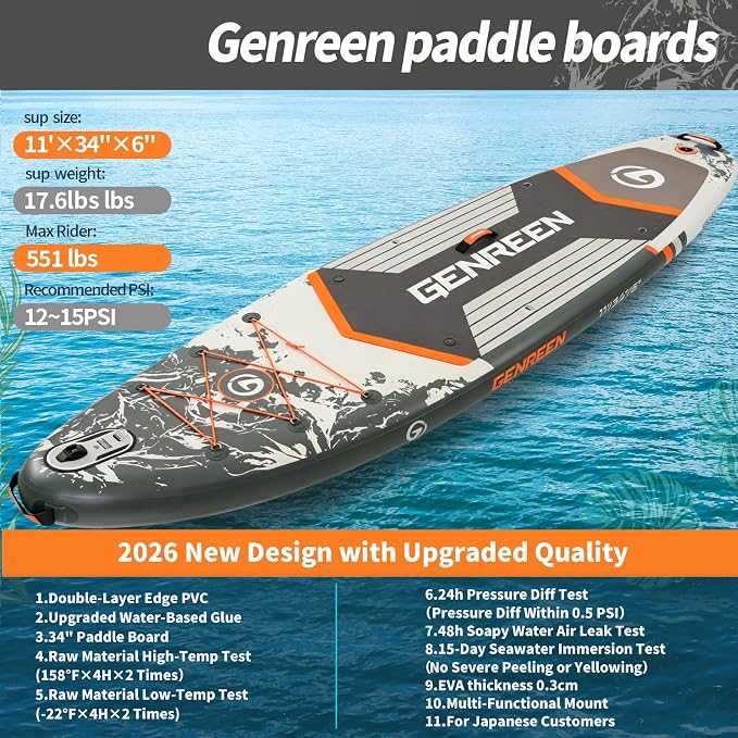 Paddle Board Stand up Paddle Board (Extra Large 11'*33/34") Newly Improved 2 Side Layers 450LBS Quality Inspection×5 (All-Season for JP customers) paddleboards Fishing Family Pet Friendly