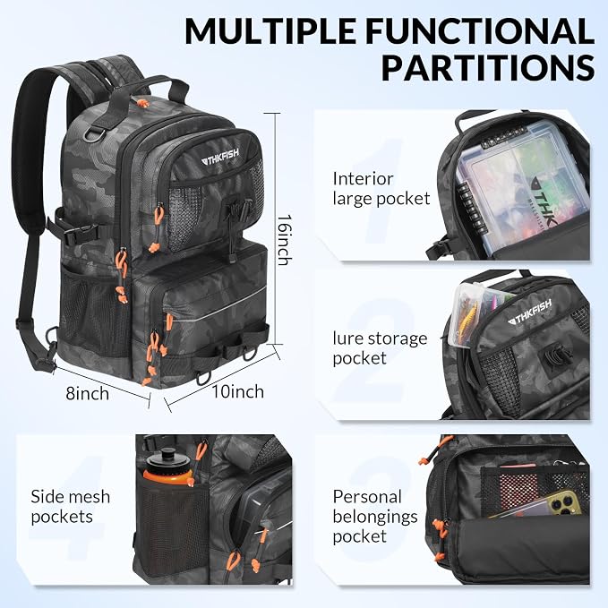 THKFISH Fishing Backpack with Tackle Boxes, 20L Waterproof Tackle Sling Bag with Lures Kit, Fish Lip Gripper, Pliers, Scissors, Fishing Gifts for Men Women
