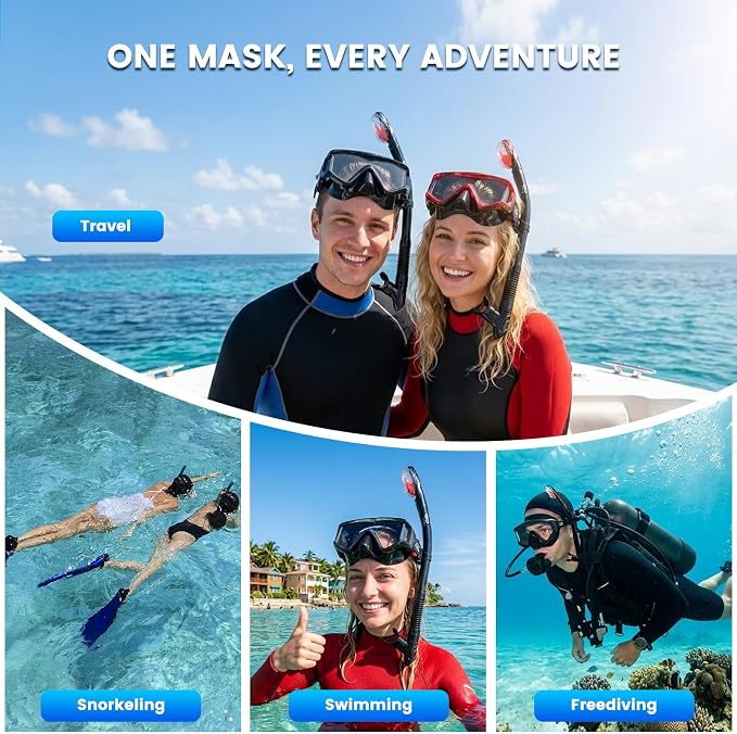 2 Pack Snorkel Mask for Adults - 180° Panoramic View, Anti-Fog Shatterproof PC Lens, Dry Snorkel Set for Diving, Swimming & Travel