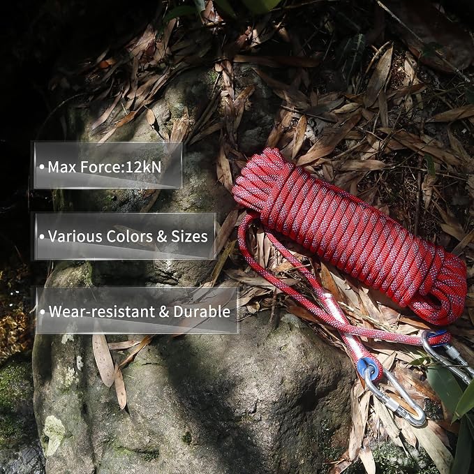 NewDoar Climbing Rope 8(5/16in),10mm (3/8in), High Strength Accessory Cord Rope with 2 Steel Hooks, for Outdoor Rescue Rappelling Rope Down Cliffs ledges Safety Escape Tow Strap Equipment(red)