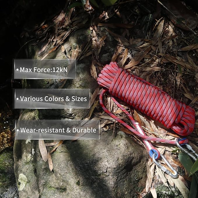 NewDoar Climbing Rope 8(5/16in),10mm (3/8in), High Strength Accessory Cord Rope with 2 Steel Hooks, for Outdoor Rescue Rappelling Rope Down Cliffs ledges Safety Escape Tow Strap Equipment(red)