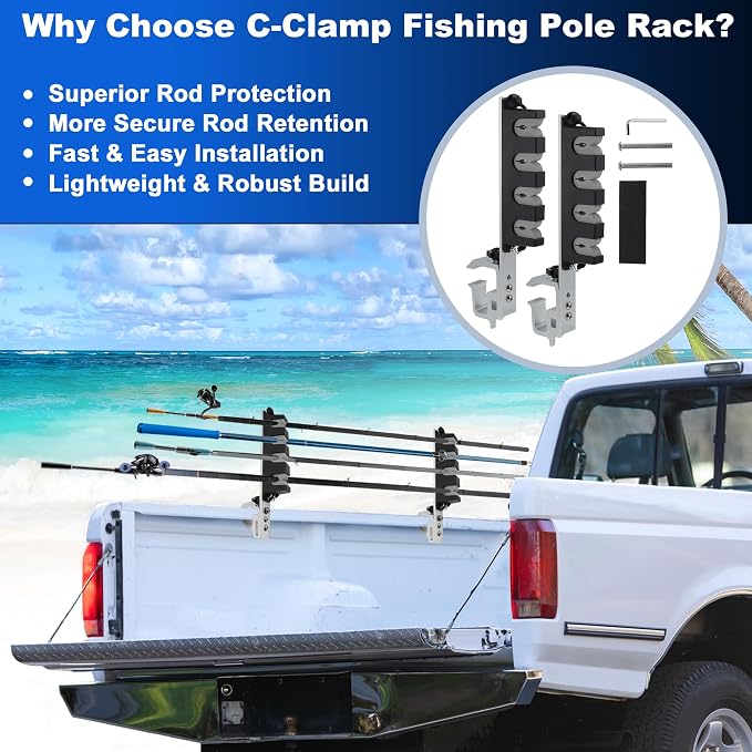 2x Aluminum Fishing Rod Holder for Truck Bed, 4 Rods Capacity, Stable C-Clamp Mount, Fishing Pole Storage Rack Holder for Truck Pickup Boat, Horizontally or Vertically Place