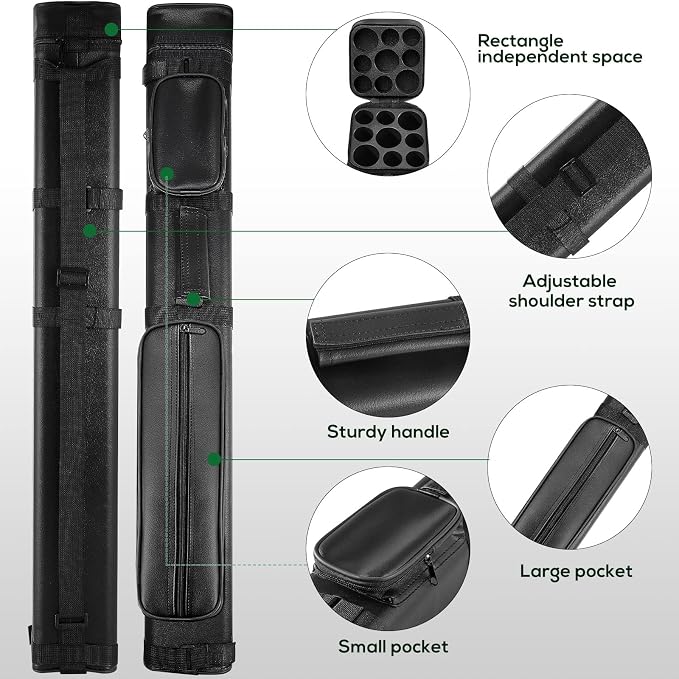 Deekin 3 x 6 Pool Stick Case Hard Billiard Cue Carrying Storage Pouch Table Accessories 9 Holes PU Bags with 2 Pieces Chalk Cubes