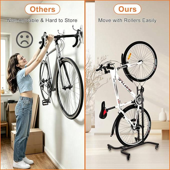 Vertical Bike Parking Stand Adjustable Height for 24"-29" Wheels, Freestanding Bike Rack for MTB and Road Bike, No-Drill Installation Bike Storage for Apartments Garage Indoor Outdoor