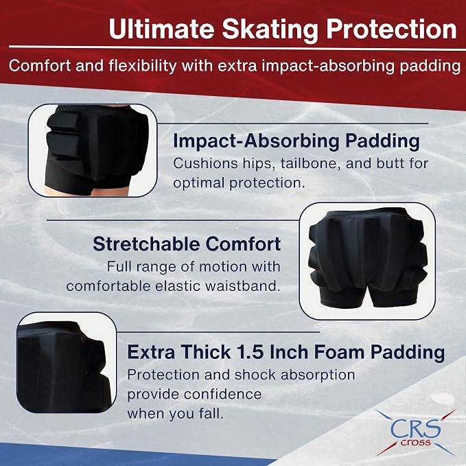 CRS Cross Extra Thick Padded Figure Skating Shorts. Double Thickness Crash Pad Pants for Roller, Inline, Ice Skating. Fall Impact Protection for Butt, Hips, and Tailbone (1.5 inch Thick Pads)