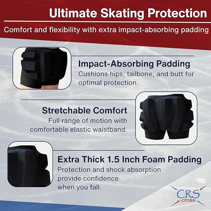 CRS Cross Extra Thick Padded Figure Skating Shorts. Double Thickness Crash Pad Pants for Roller, Inline, Ice Skating. Fall Impact Protection for Butt, Hips, and Tailbone (1.5 inch Thick Pads)